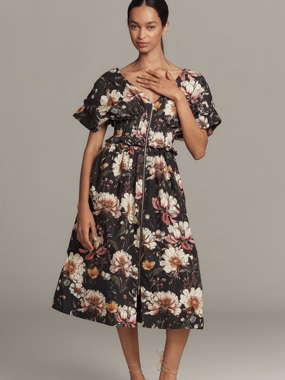 ANTHROPOLOGIE V-Neck Zip Front Midi Dress in Black Colorful Floral - Picture 1 of 13